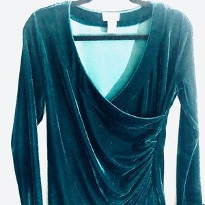 Soft Sourroundings Top Blouse Emerald green  faux velvet Rouched top
